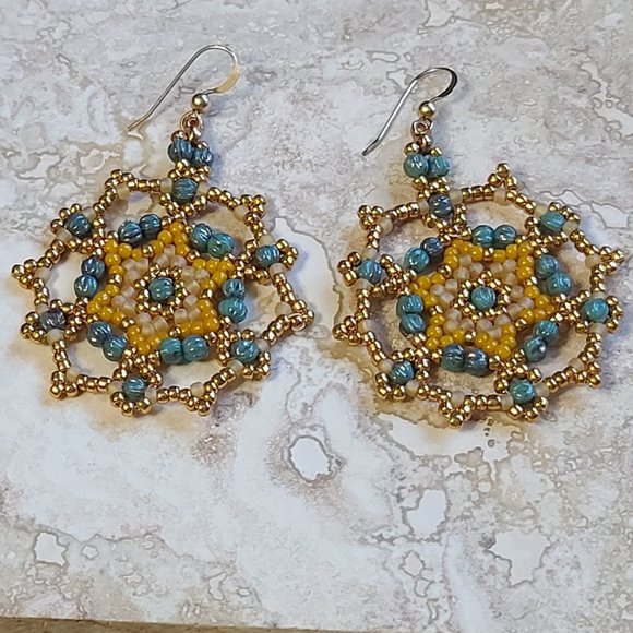 Handmade Stitched Glass Kalidoscope Earrings 14KT - Picture 3 of 4